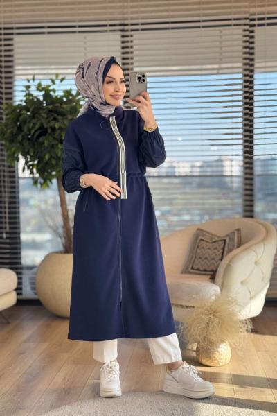 15198 Patı Şerit Ve Fermuar Detaylı Elbise Lacivert