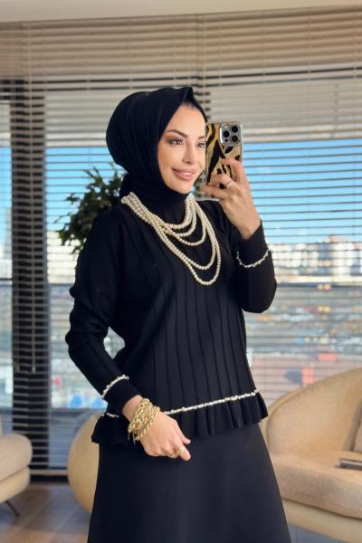 152 Kol Ve Etek Ucu Taş Şerit Detaylı Takım Siyah