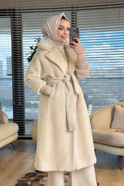 15229 Angora Yakası Kürklü Uzun Kaban Bej