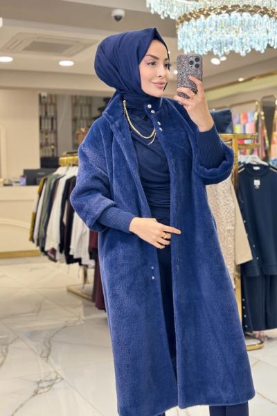 15230 Angora Patı Çıtçıtlı Kaban Lacivert