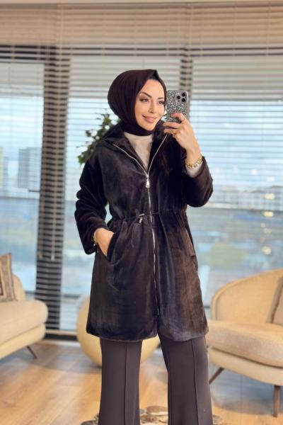 15236 Angora Beli Lastikli Kapşonlu Fermuarlı kaban Kahve