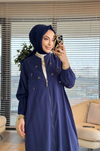 15253 Ön Taş Çiçek İşleme Cepli Fermuarlı Kap Lacivert