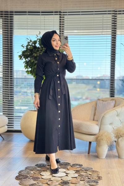1532 Tencel Beli Pensli Metal Düğmeli Elbise Siyah