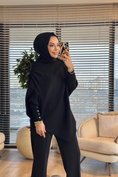 161  Asimetrik Omzu Drapeli Triko Tunik Siyah