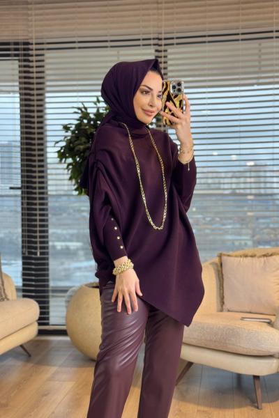 161  Asimetrik Omzu Drapeli Triko Tunik Mürdüm
