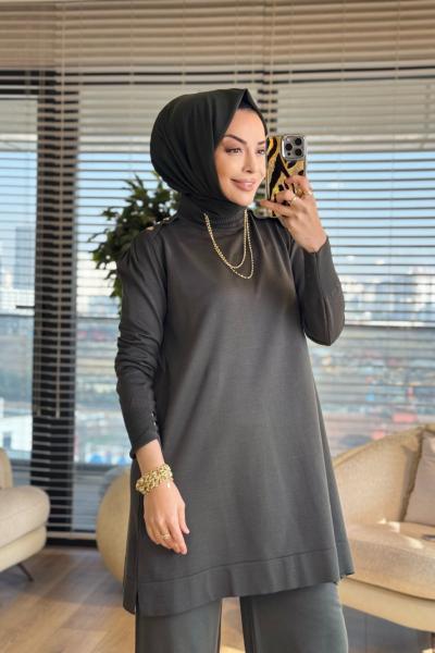 165 Omzu Düğmeli Triko Tunik Haki