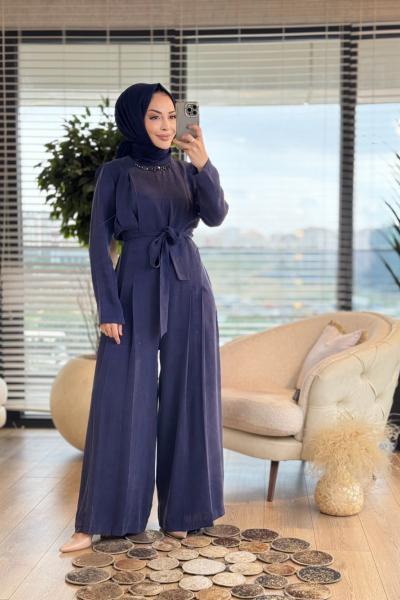 17-1016 Yakası Taş İşlemeli Tulum Lacivert