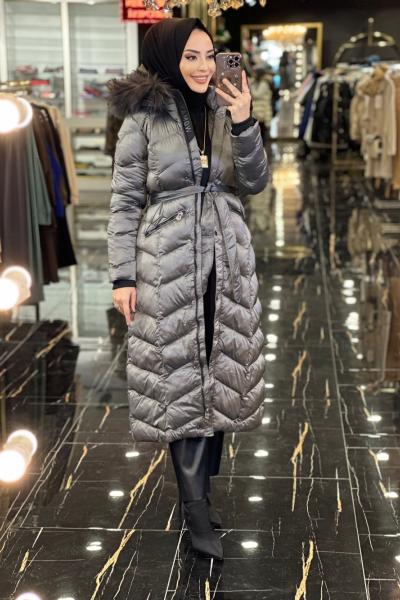 18692 X Jacket Şişme Kapş.Kürklü Kaban Gri