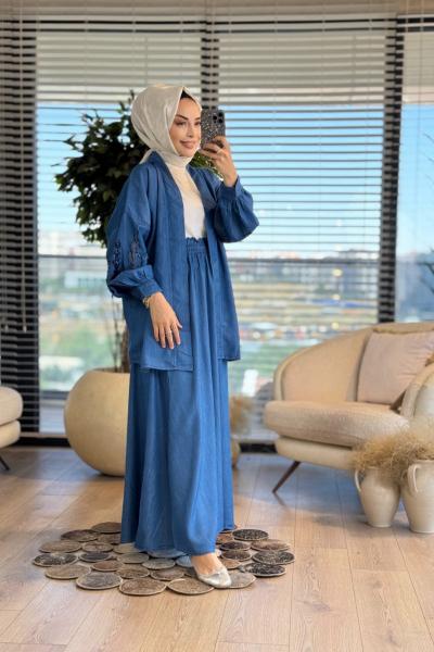 1994 Tencel Kol Ve Arka Pul Nakışlı Kap Mavi