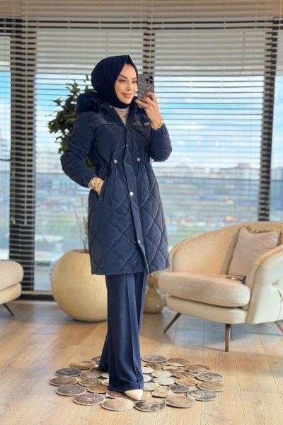 2024 Kapitone Kapş.Kürk Uzun Kaban Lacivert