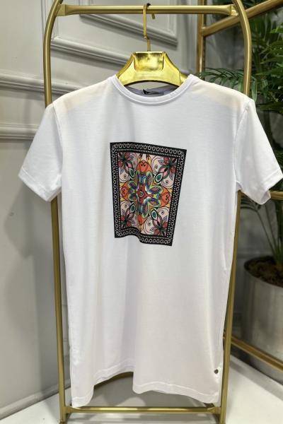 20400-12 Önü Etnik Desen Bluz Beyaz