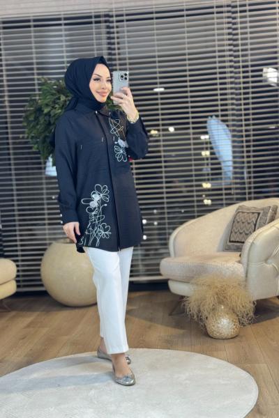 2044 Ön Karışık Çizgi Desenli Gömlek Siyah