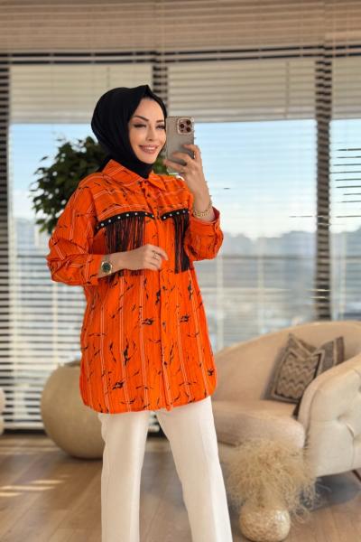 2052 Robası Taş Ve Saçak Detaylı Çizgili Gömlek Turuncu