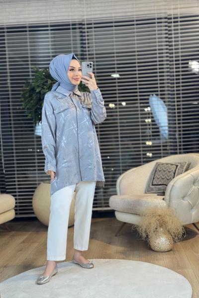 2057 Saten Kendinden Desenli Gömlek Gri