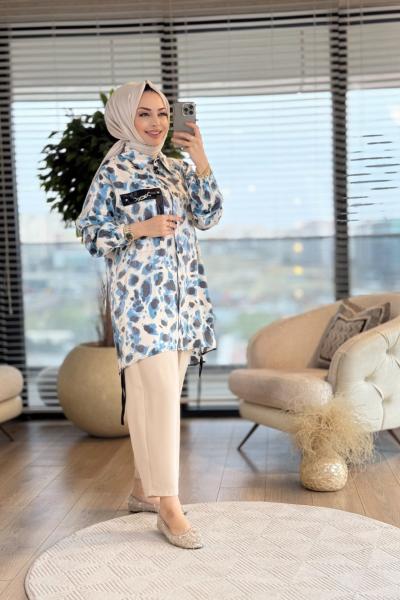 2060 Leopar Desen Yanlar Büzgülü Gömlek Mavi