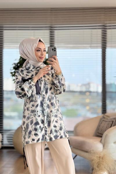 2060 Leopar Desen Yanlar Büzgülü Gömlek Yeşil