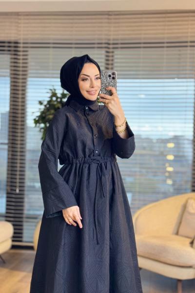 20713 Kendinden Geometrik Desenli Elbise Siyah