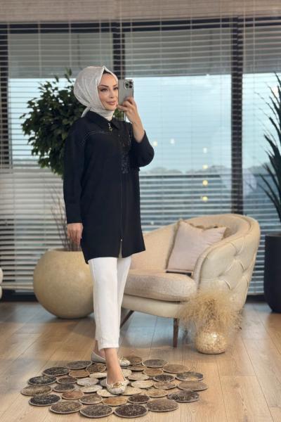 2072 Sağ Taraf Sim Desen Parçalı Gömlek Siyah