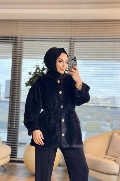 20723 Angora Yakasız Ön Metal Düğmeli Kaban Siyah