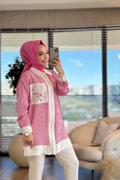 2082 Çizgili Cep Desen Parçalı Fermuarlı Tunik Fuşya