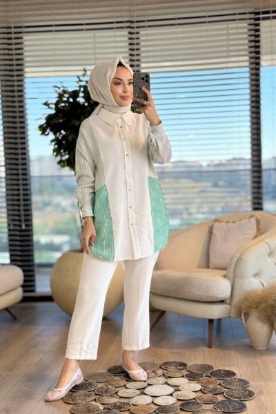 2091 Yanları Çizgi Ve Dantelli Gömlek Yeşil