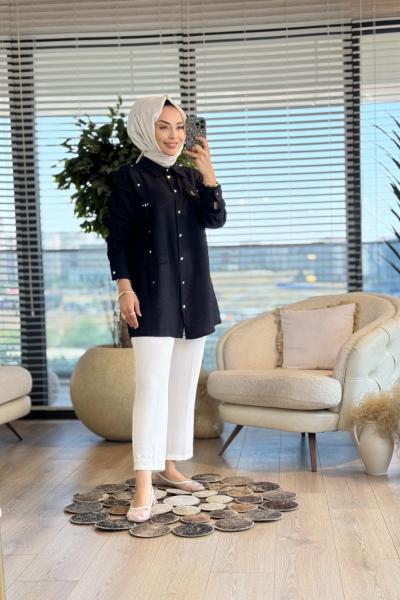 2093 Ön Boyuna Şeritli Ve Taşlı Gömlek Siyah