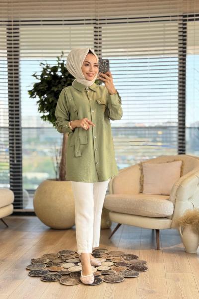 2093 Ön Boyuna Şeritli Ve Taşlı Gömlek Çağla