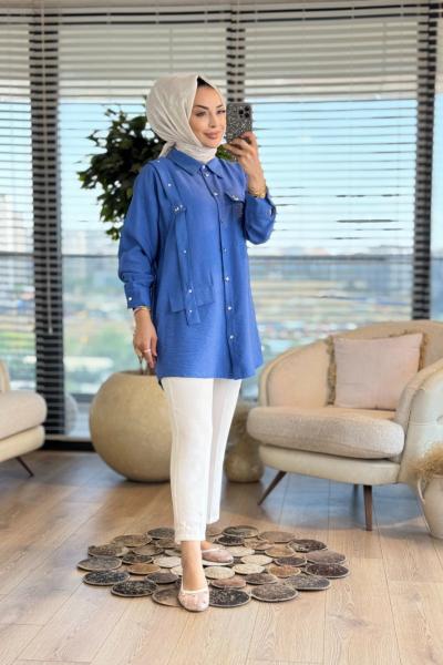2093 Ön Boyuna Şeritli Ve Taşlı Gömlek Mavi