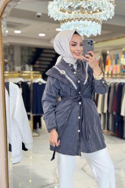 212770 Yapıştırma Taşlı Kot Gömlek Siyah