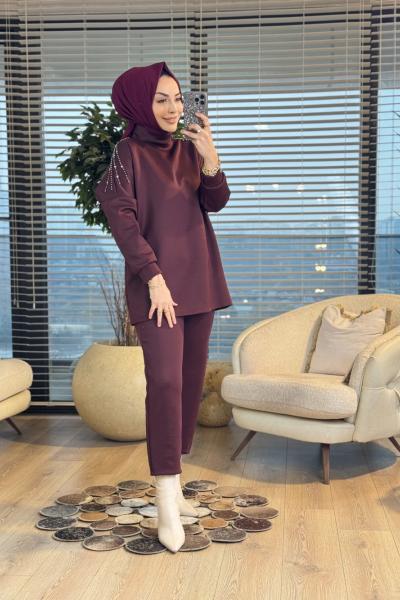 22159 Omuzları Taş İşlemeli Takım Bordo