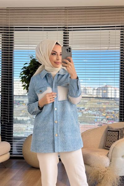 2223 Kol Ve Önü File Parça Detaylı Ceket Mavi