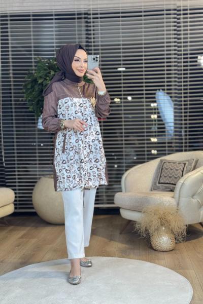 2232 Ön Desenli Fermuarlı Sıfır Yaka Tunik Kahve