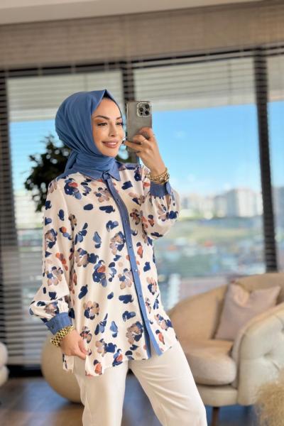 2243 Omuzları Tencel Desenli Gömlek Mavi