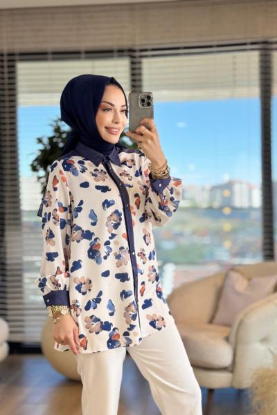 2243 Omuzları Tencel Desenli Gömlek Lacivert
