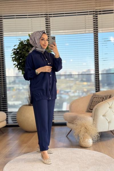 22664 Gofre Cep Kapaklı Kapşonlu Takım Lacivert