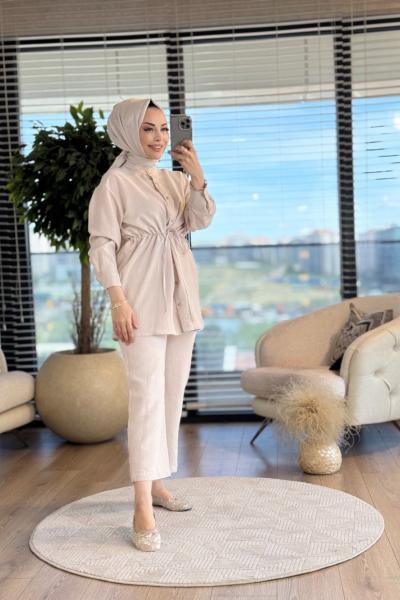 22696 Kendinden Çizgili Beli Bağcıklı Takım Bej