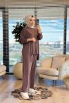 22758 Etek Ucu İp Detaylı Takım Kahverengi