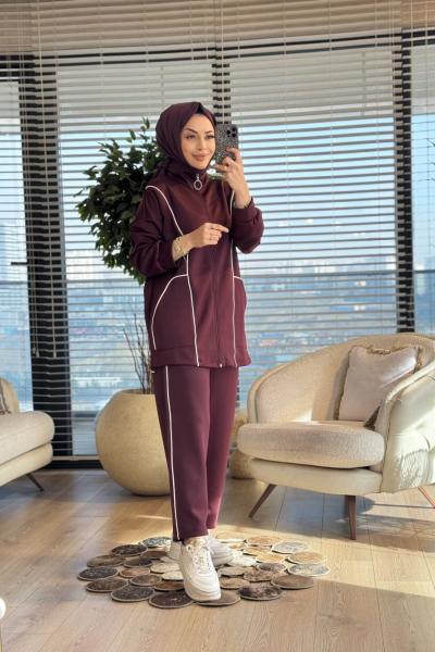 22763 Biye Detaylı Önü Fermuarlı Takım Bordo