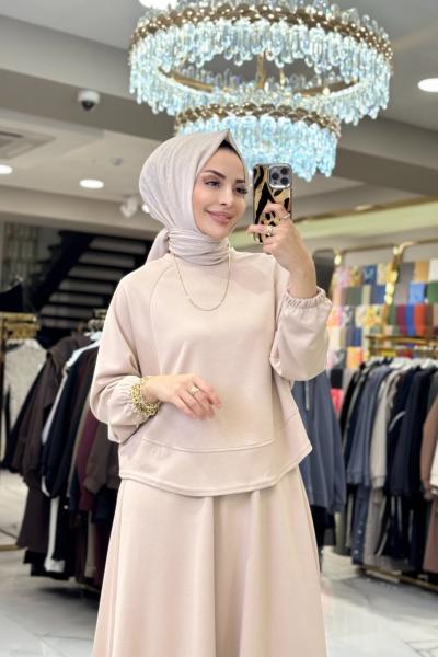 22779 Etek Ucu Parçalı Yarasa Kol Takım Bej