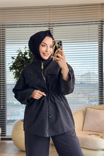 22827 Üstü Serpme Taş Baskılı Fermuarlı Takım Siyah