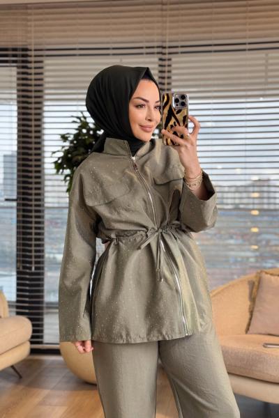 22827 Üstü Serpme Taş Baskılı Fermuarlı Takım Çağla