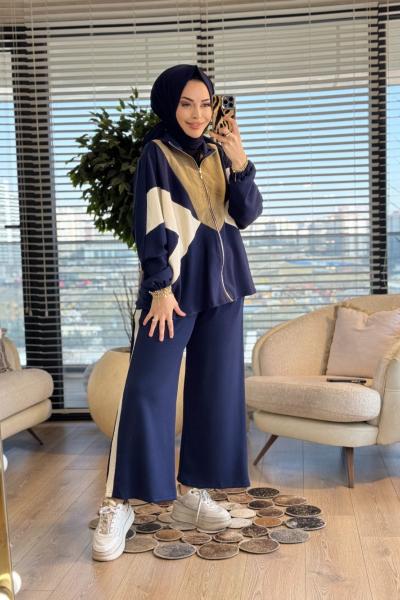 22836 Önü Renkli Parçalı Fermuarlı Takım Lacivert