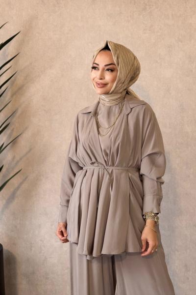 22883 Şal Yaka Ceket 3lü Takım Bej