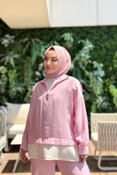 22893 Etek Ucu Parçalı Patı Fermuarlı Takım Pembe
