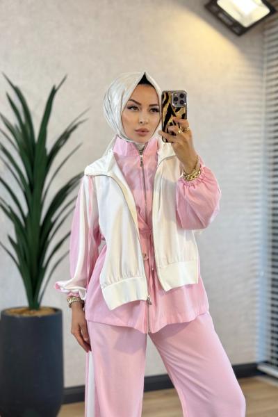 22898 Ön Yelek Parça Detaylı Takım Pembe