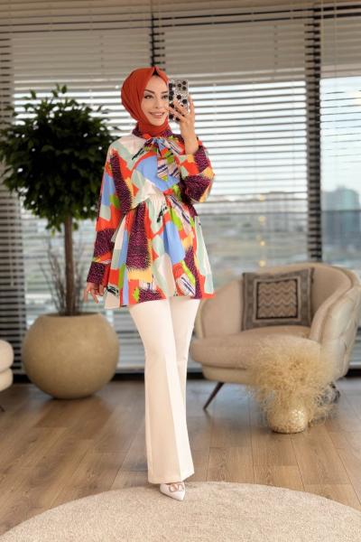 23071 Desenli Yaka Bağcıklı Tunik Oranj