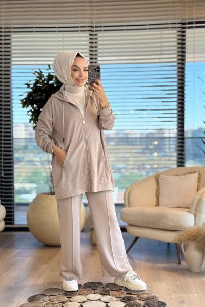 2319 Kapşonlu Önü Fermuarlı Takım Bej