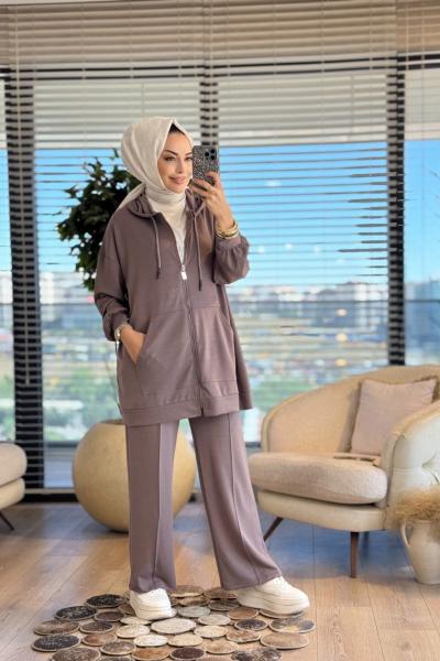 2319 Kapşonlu Önü Fermuarlı Takım Toprak