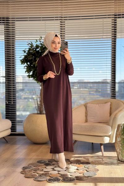 232 Omuzu Apoletli Triko Elbise Kahve