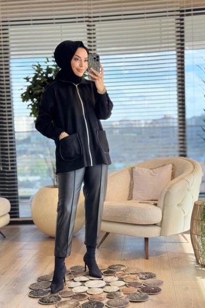 2342 Üst Triko Hırka Fermuarlı Deri Pantolon Takım Siyah